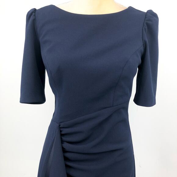 XSCAPE Women's Scuba Crepe Ruffle Gown Size 8 Navy Blue Short Sleeve Dress NWOT - Picture 4 of 10